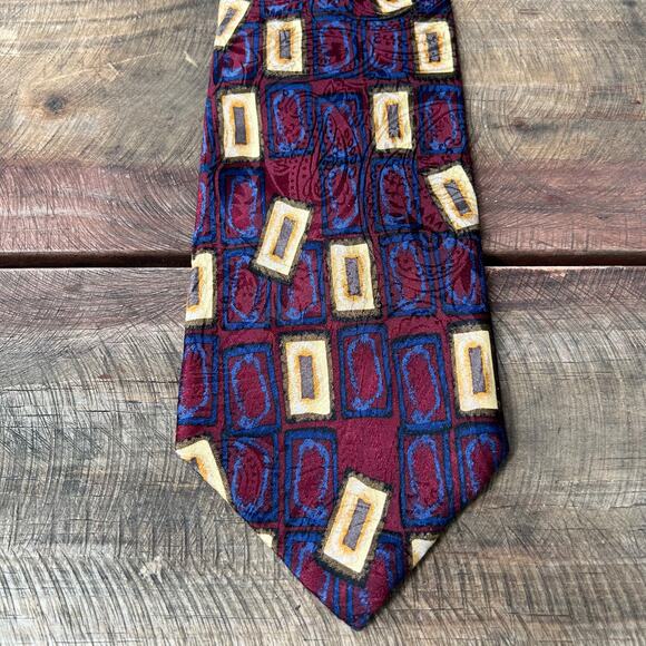 Vintage 90s JZ Richards Nordstrom Silk Tie | Burgundy Gold Geometric Made in USA - Picture 3 of 10